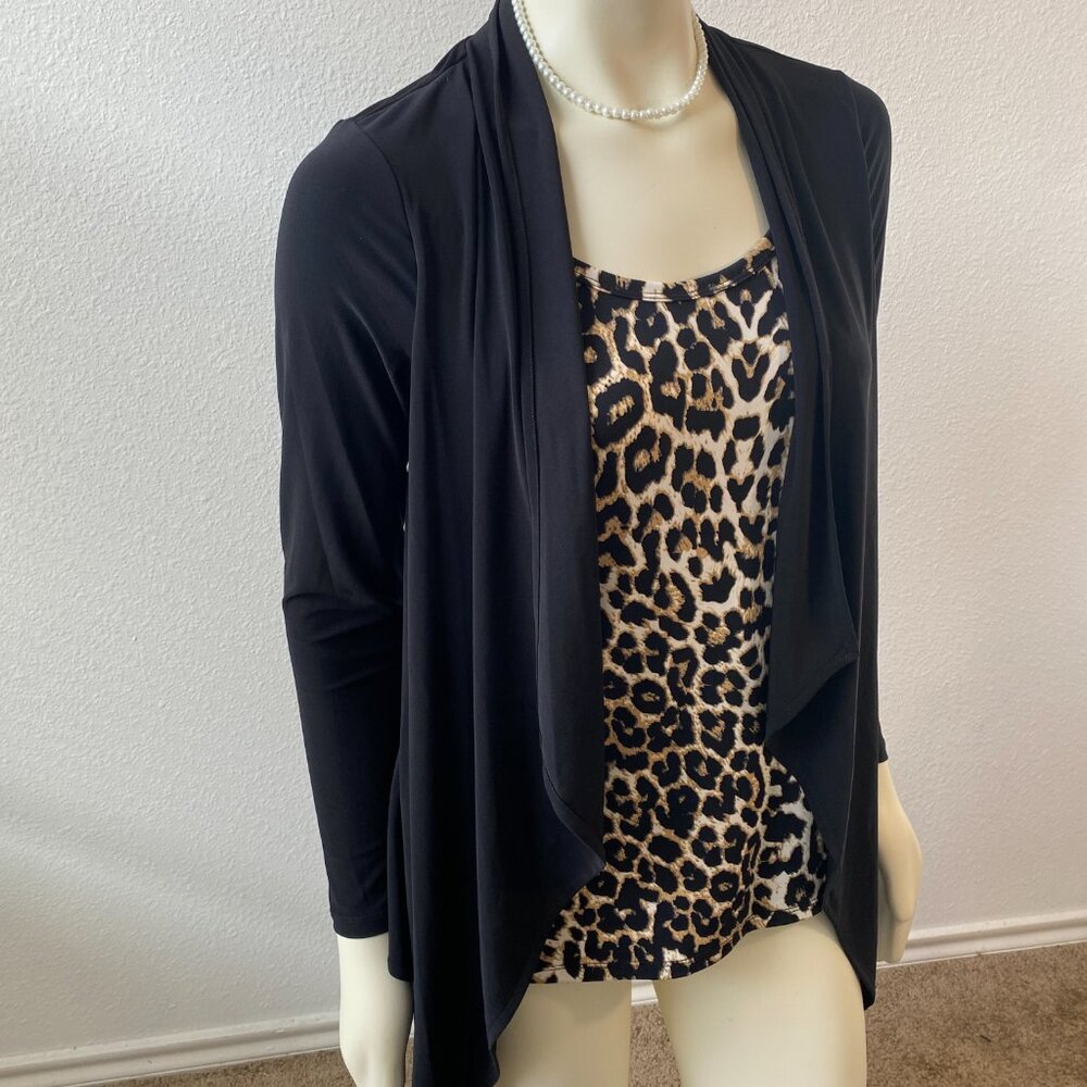 Chaus New York Cardigan Blouse Top 2-in-1 Jaguar print Black Size S $59 - Picture 3 of 8